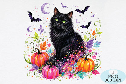 Colorful Halloween Black Cat PNG