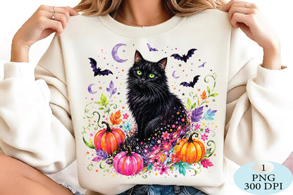 Colorful Halloween Black Cat PNG