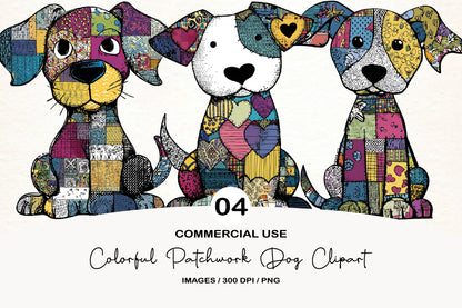 Colorful Patchwork Dog Clipart PNG Bundle | Cute Watercolor Quilted Dog Clipart