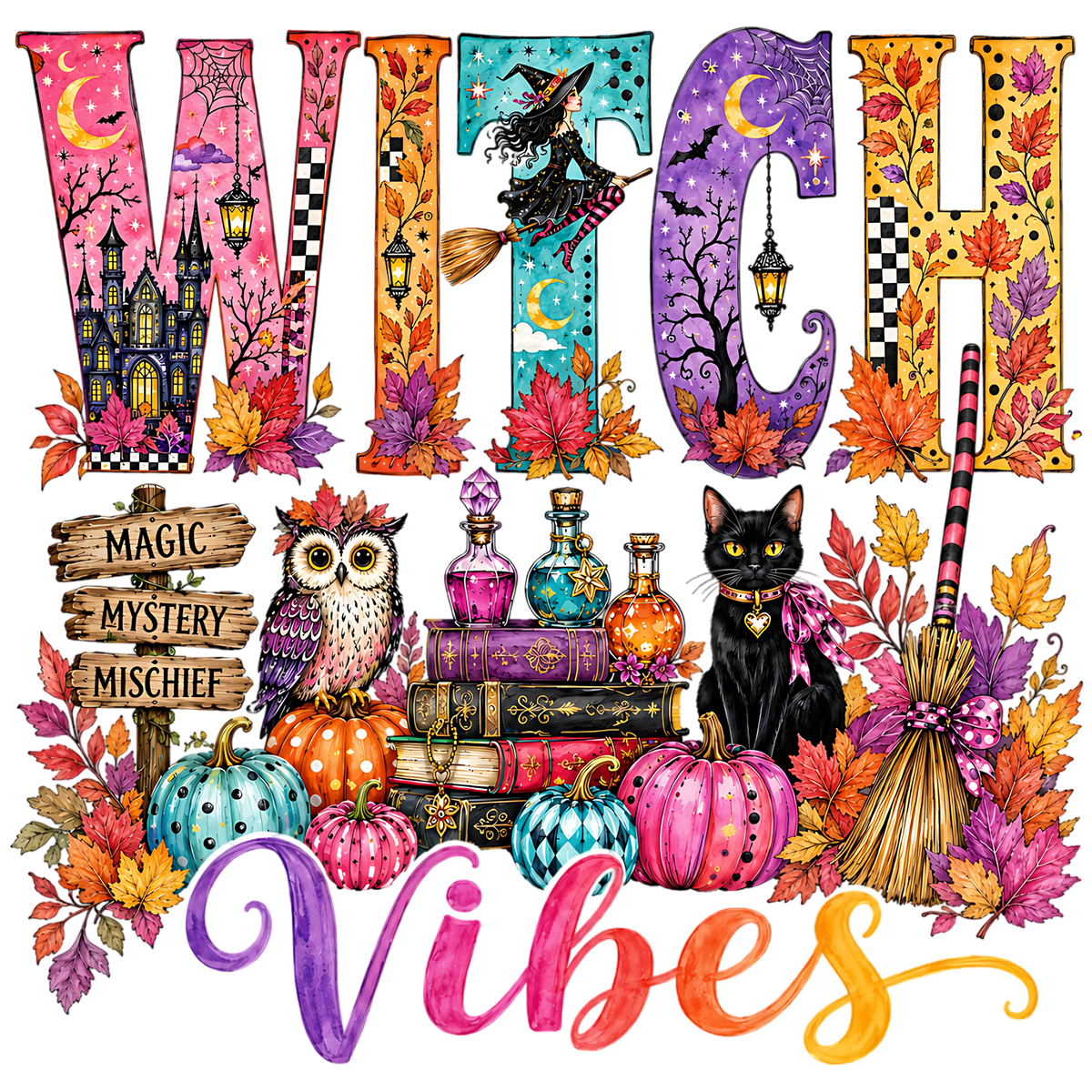 Colorful Witch Vibes Halloween PNG