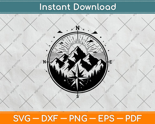 Compass and Mountains Svg Design Digital Cutting File