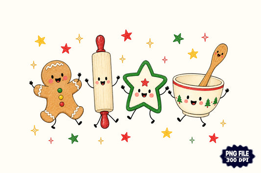Cute Christmas Baking Characters PNG, Gingerbread Cookie Baking Sublimation Design