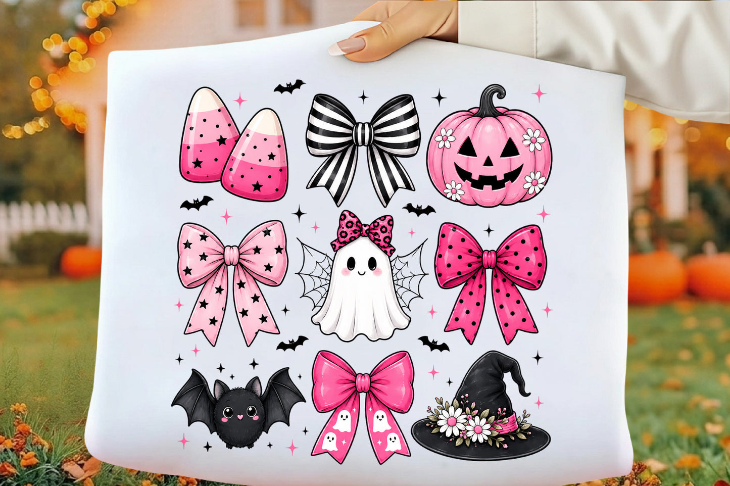 Coquette Bow Halloween PNG | Pink Halloween Bows Ghost Bat Pumpkin Witch Hat Clipart | Girly Spooky Sublimation Design