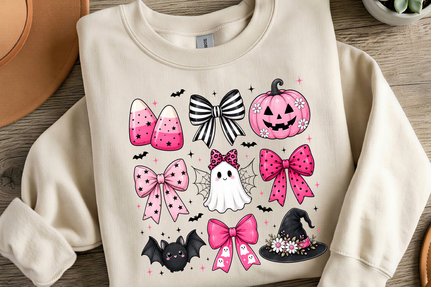 Coquette Bow Halloween PNG | Pink Halloween Bows Ghost Bat Pumpkin Witch Hat Clipart | Girly Spooky Sublimation Design