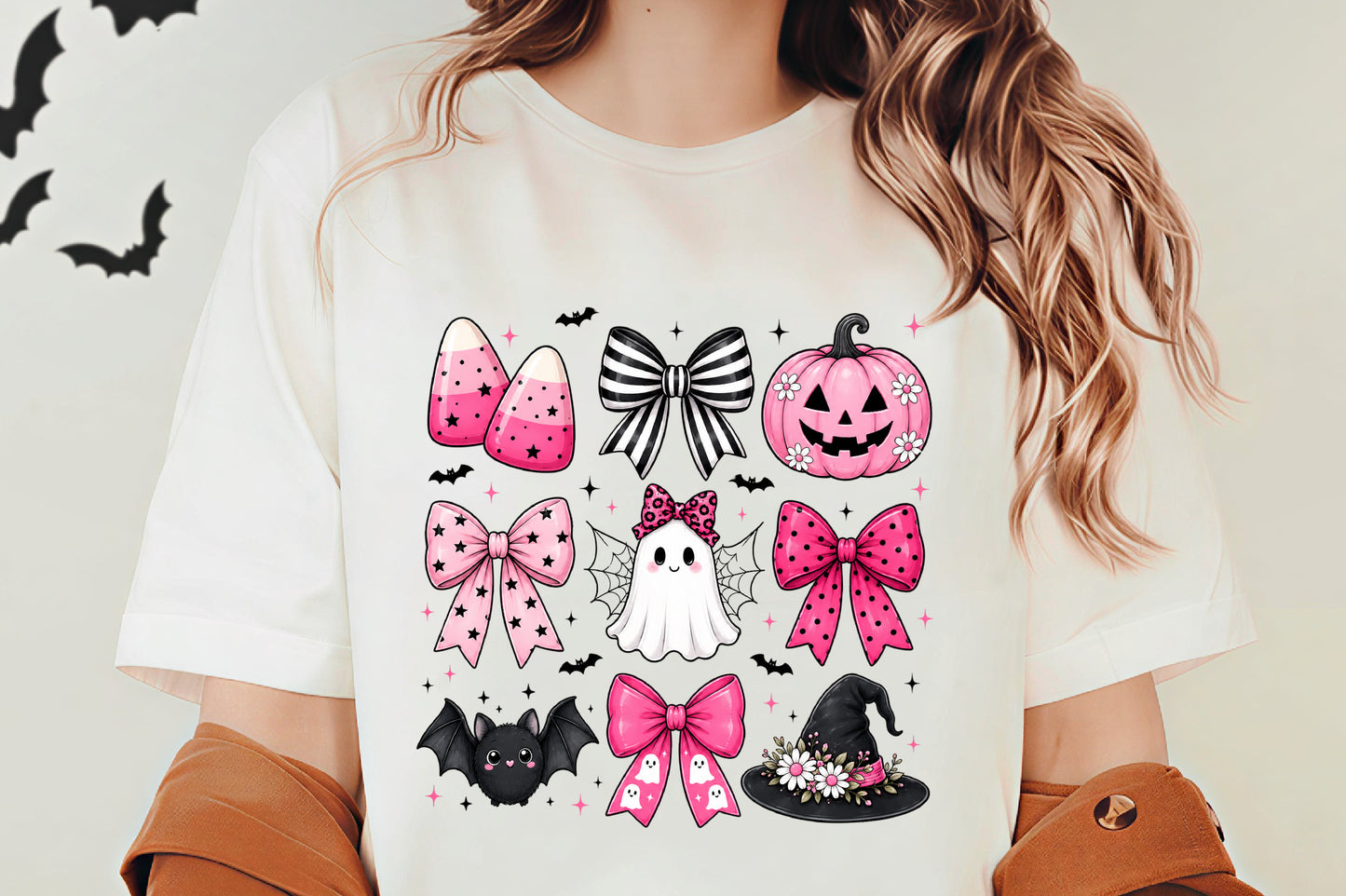 Coquette Bow Halloween PNG | Pink Halloween Bows Ghost Bat Pumpkin Witch Hat Clipart | Girly Spooky Sublimation Design