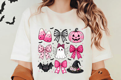 Coquette Bow Halloween PNG | Pink Halloween Bows Ghost Bat Pumpkin Witch Hat Clipart | Girly Spooky Sublimation Design