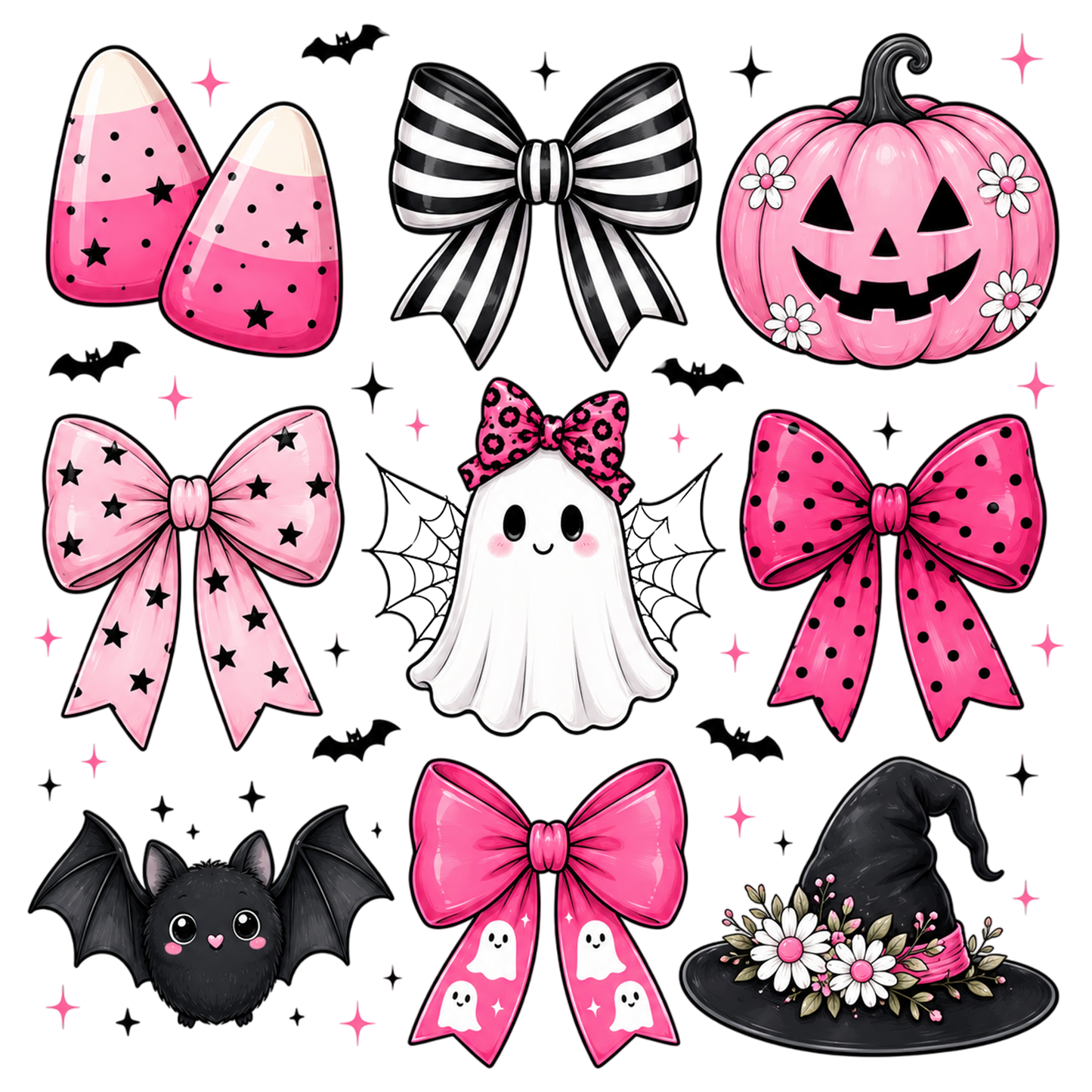 Coquette Bow Halloween PNG | Pink Halloween Bows Ghost Bat Pumpkin Witch Hat Clipart | Girly Spooky Sublimation Design