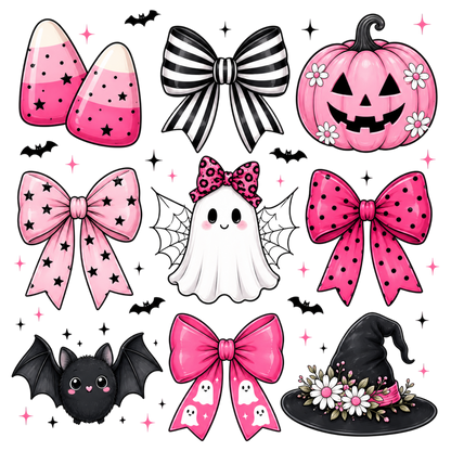 Coquette Bow Halloween PNG | Pink Halloween Bows Ghost Bat Pumpkin Witch Hat Clipart | Girly Spooky Sublimation Design