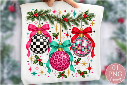 Coquette Christmas Ornaments PNG Pink Leopard Disco Ball Sublimation