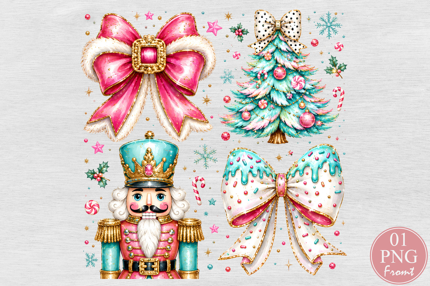 Coquette Christmas PNG Pink Bow Nutcracker Tree Candy Sublimation Design