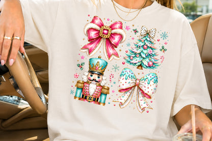 Coquette Christmas PNG Pink Bow Nutcracker Tree Candy Sublimation Design