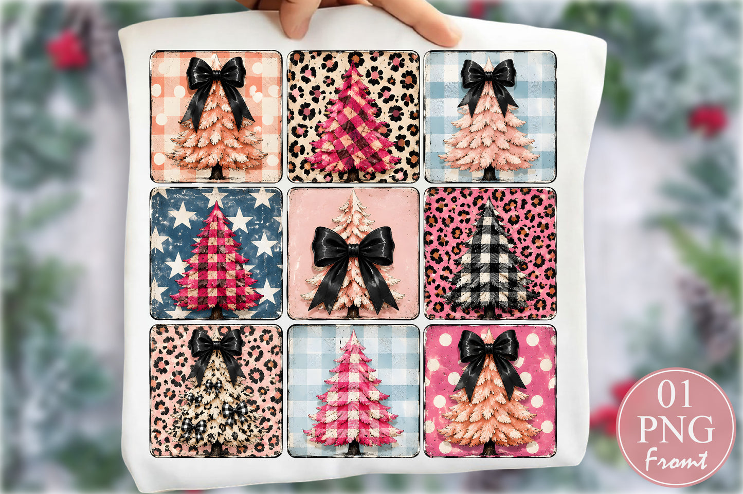 Coquette Christmas Trees PNG Bundle Pink Leopard Plaid Bow Holiday Sublimation