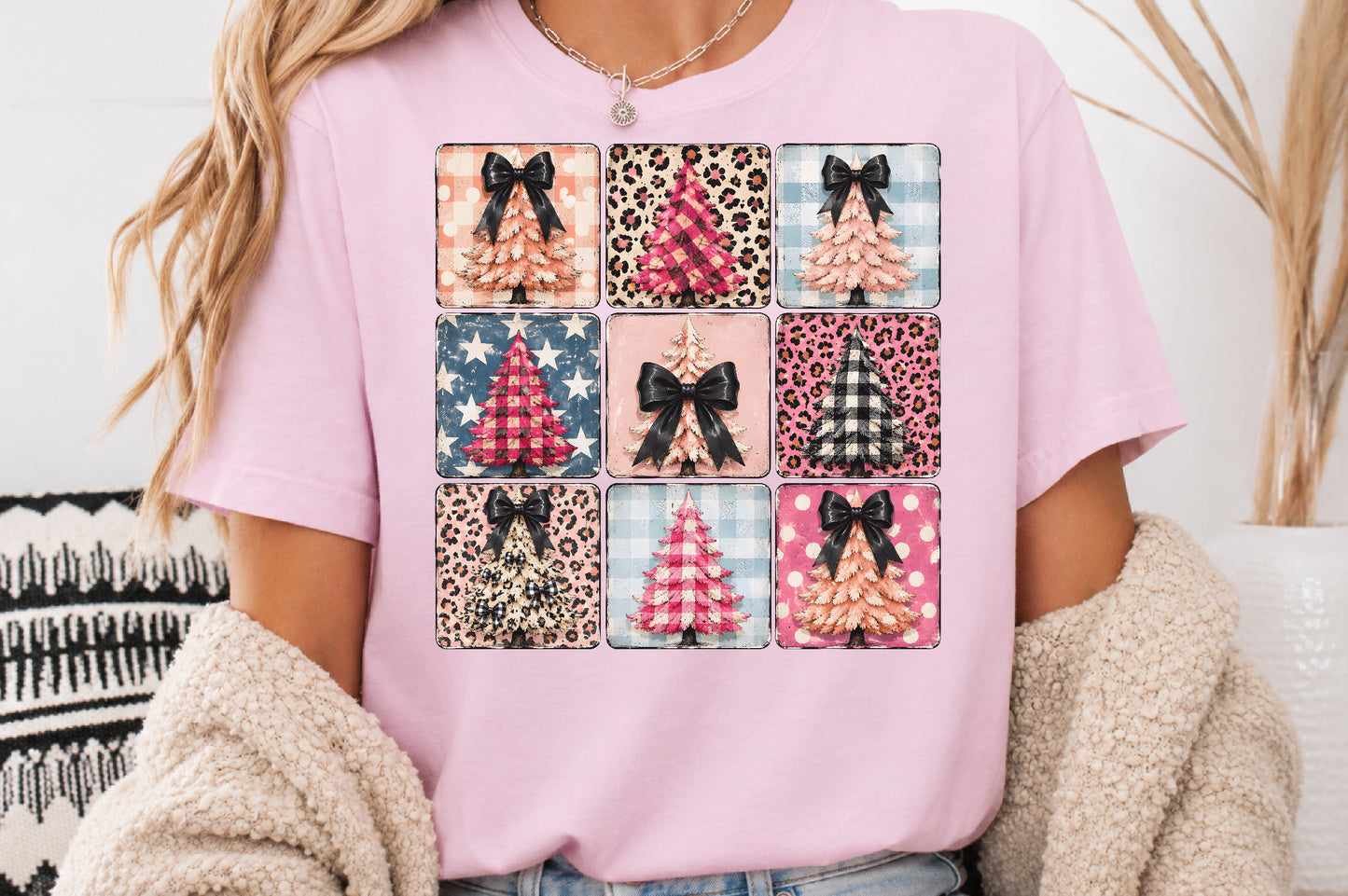 Coquette Christmas Trees PNG Bundle Pink Leopard Plaid Bow Holiday Sublimation