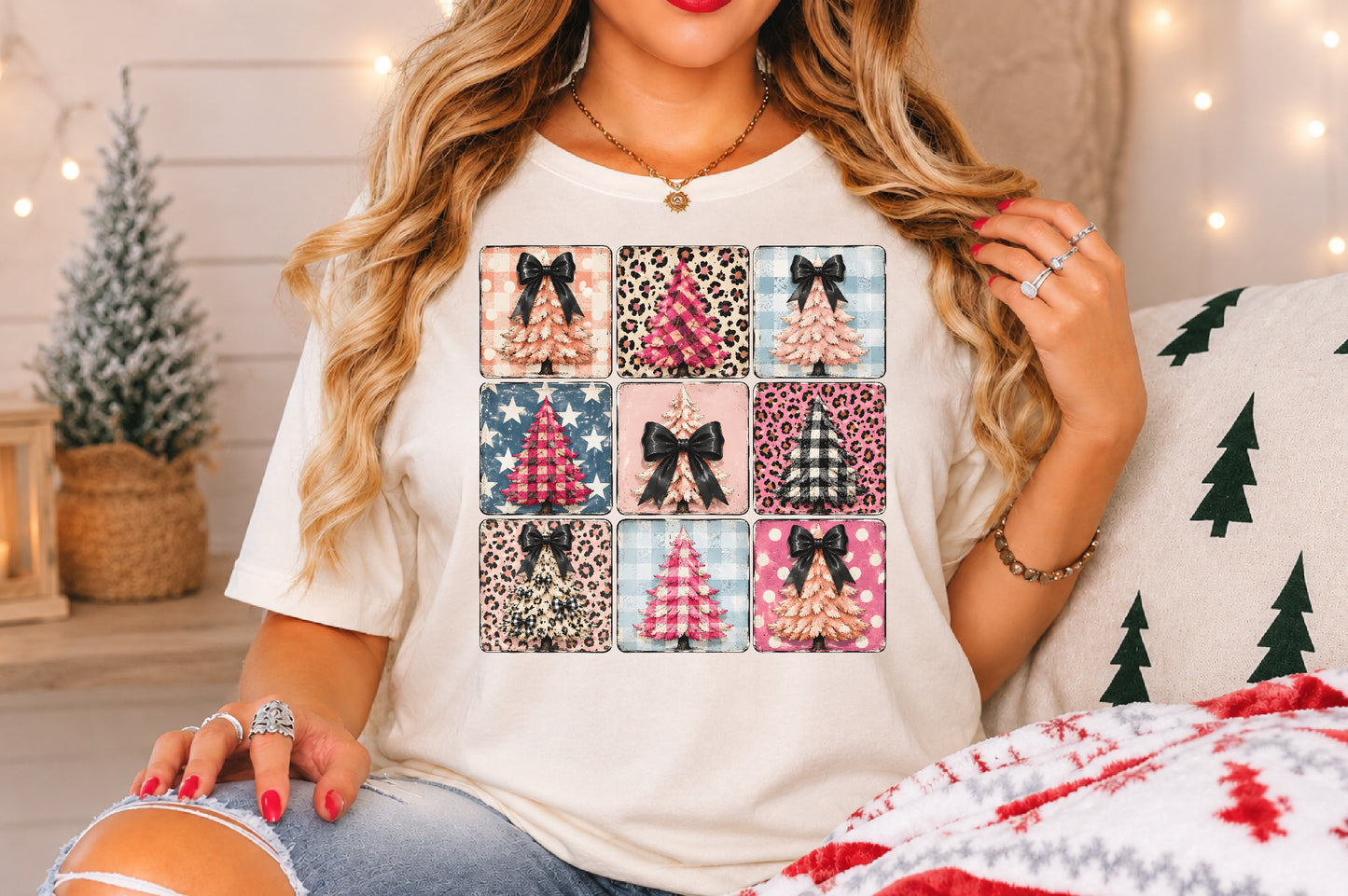 Coquette Christmas Trees PNG Bundle Pink Leopard Plaid Bow Holiday Sublimation