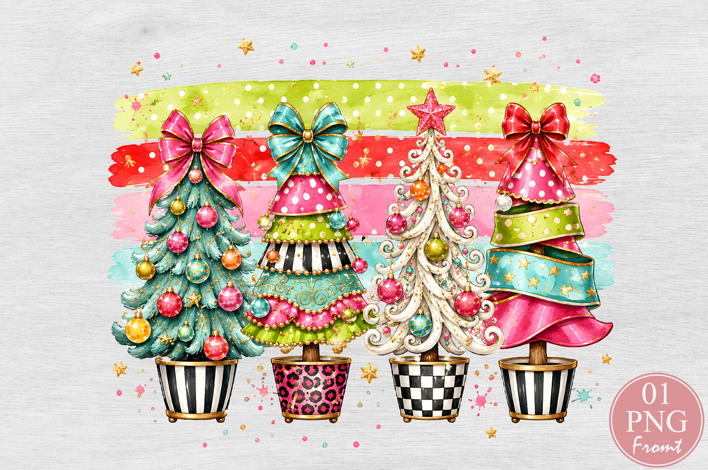 Coquette Christmas Trees PNG Pink Teal Pastel Holiday Sublimation Design