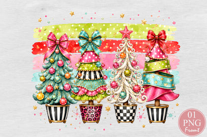 Coquette Christmas Trees PNG Pink Teal Pastel Holiday Sublimation Design