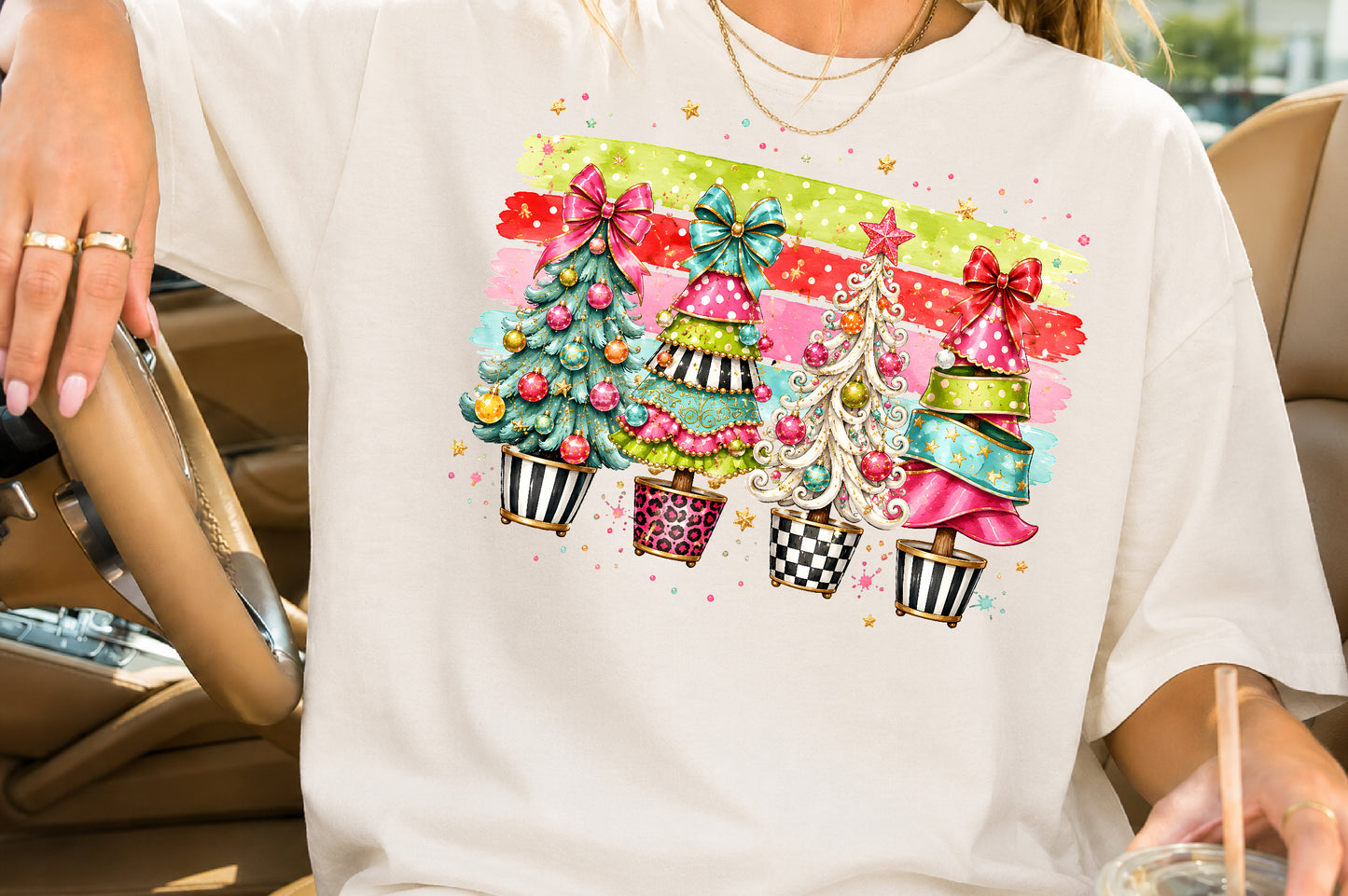 Coquette Christmas Trees PNG Pink Teal Pastel Holiday Sublimation Design