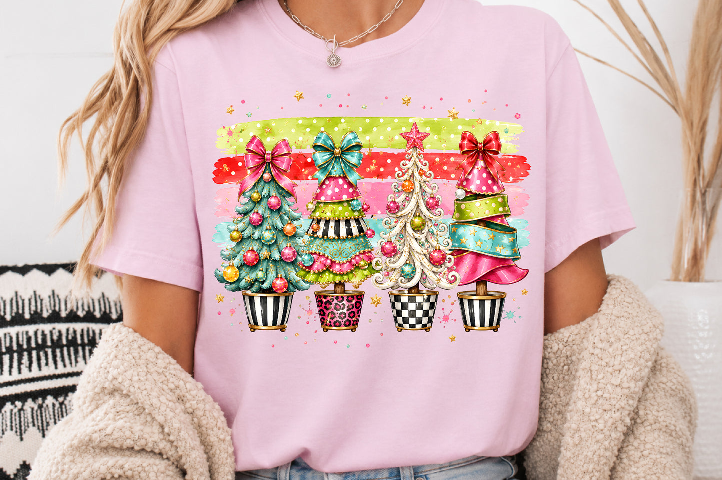 Coquette Christmas Trees PNG Pink Teal Pastel Holiday Sublimation Design