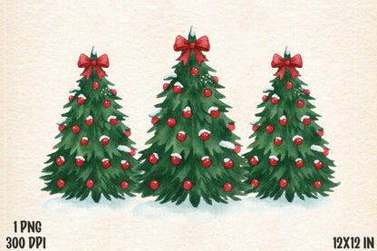 Coquette Christmas Tree PNG Watercolor Red Bow Holiday Sublimation