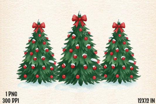 Coquette Christmas Tree PNG Watercolor Red Bow Holiday Sublimation