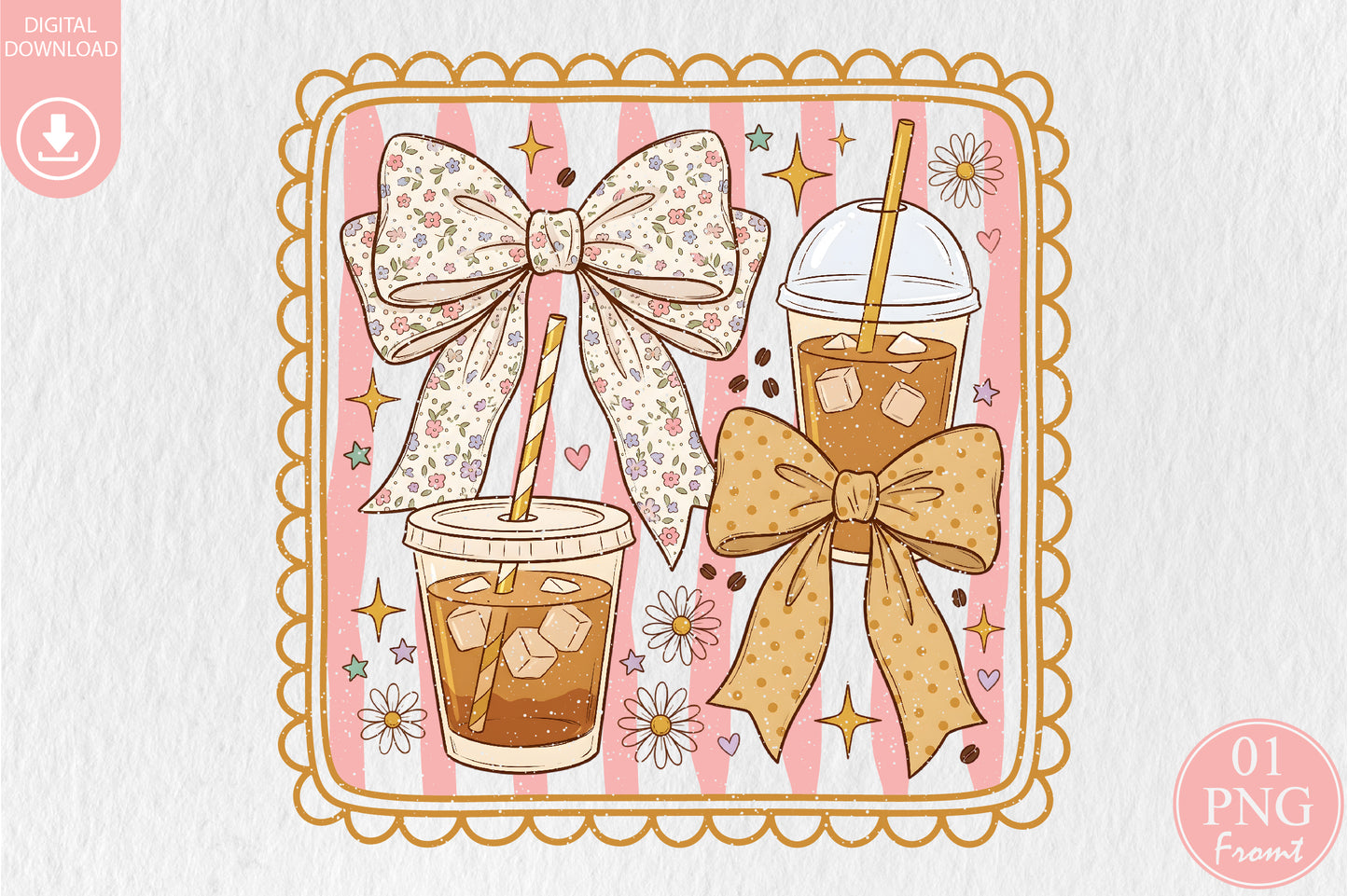 Coquette Coffee PNG Cute Iced Coffee Bow Sublimation Design