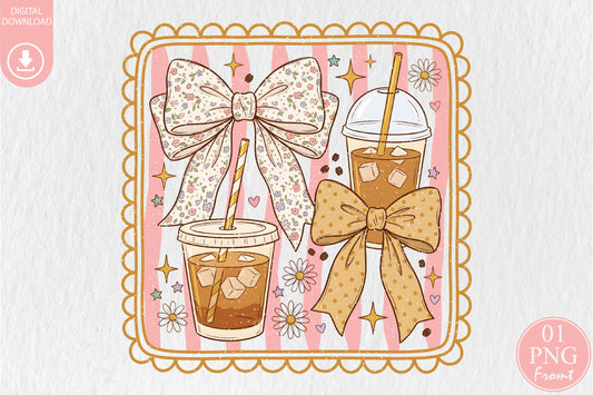 Coquette Coffee PNG Cute Iced Coffee Bow Sublimation Design