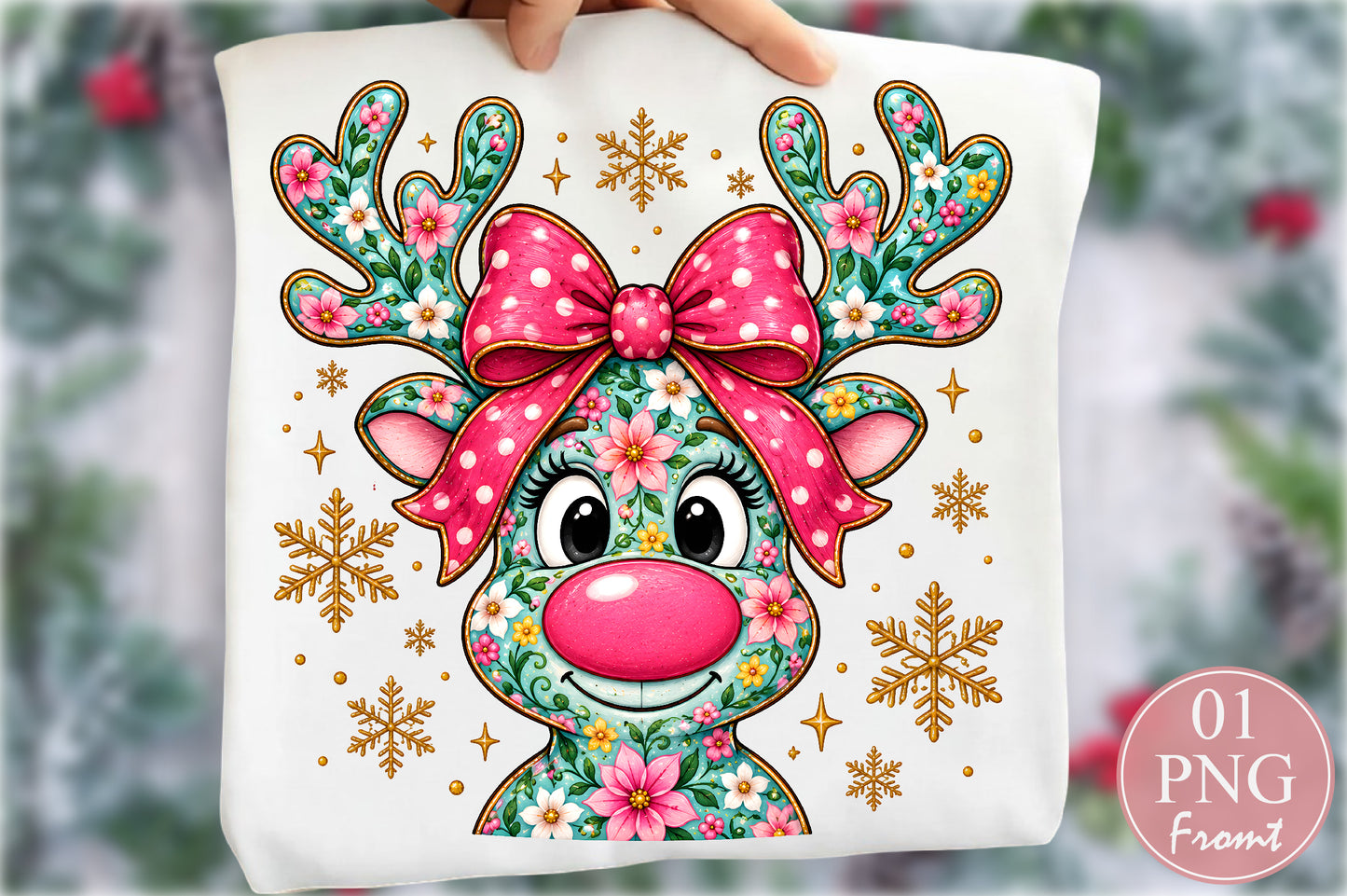 Coquette Floral Reindeer Christmas PNG Bundle