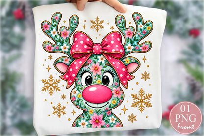 Coquette Floral Reindeer Christmas PNG Bundle