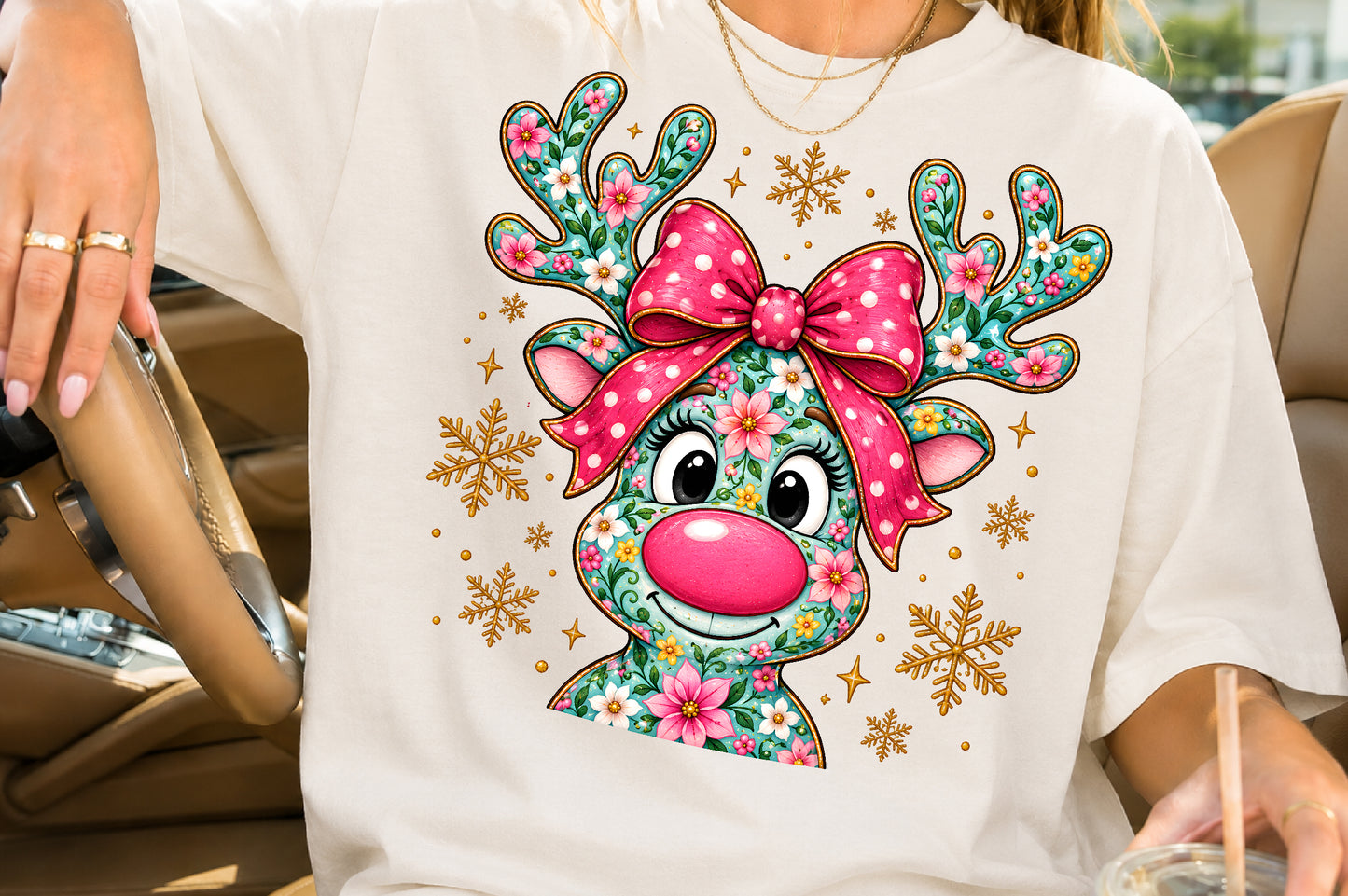 Coquette Floral Reindeer Christmas PNG Bundle