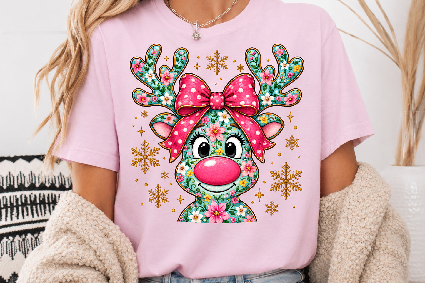 Coquette Floral Reindeer Christmas PNG Bundle