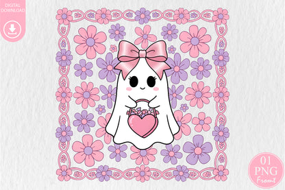 Coquette Ghost Pumpkin PNG Cute Pink Floral Halloween Sublimation Design