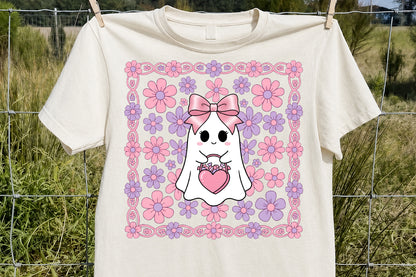 Coquette Ghost Pumpkin PNG Cute Pink Floral Halloween Sublimation Design