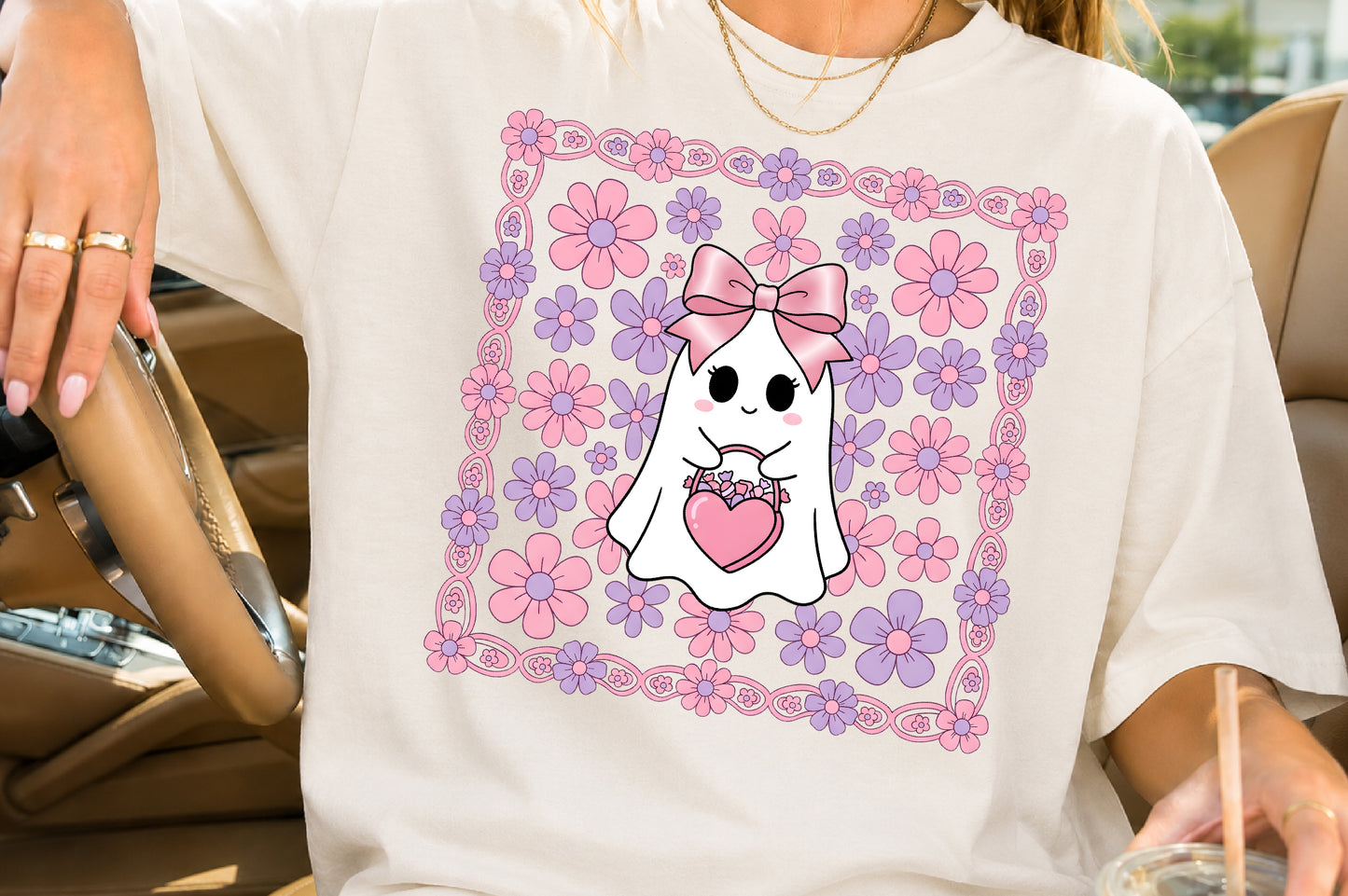 Coquette Ghost Pumpkin PNG Cute Pink Floral Halloween Sublimation Design