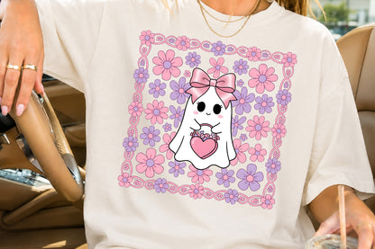 Coquette Ghost Pumpkin PNG Cute Pink Floral Halloween Sublimation Design