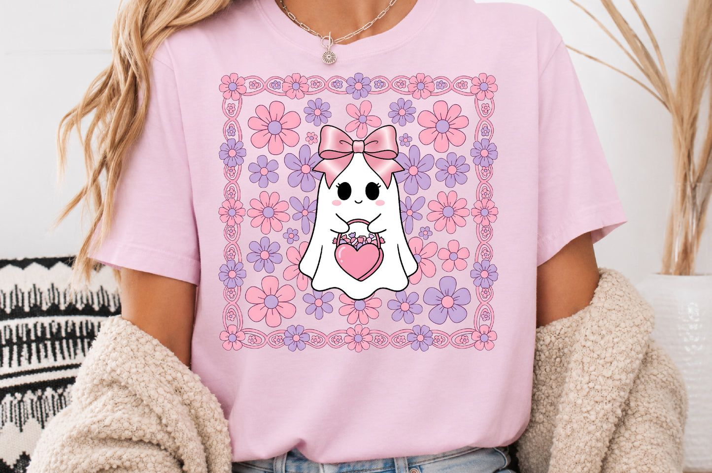 Coquette Ghost Pumpkin PNG Cute Pink Floral Halloween Sublimation Design