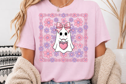 Coquette Ghost Pumpkin PNG Cute Pink Floral Halloween Sublimation Design