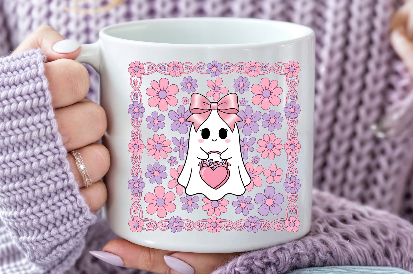 Coquette Ghost Pumpkin PNG Cute Pink Floral Halloween Sublimation Design