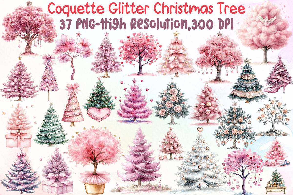 Coquette Glitter Christmas Tree Clipart PNG Bundle Commercial Use