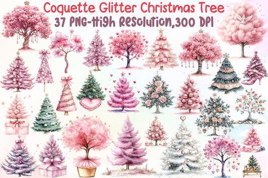 Coquette Glitter Christmas Tree Clipart PNG Bundle Commercial Use