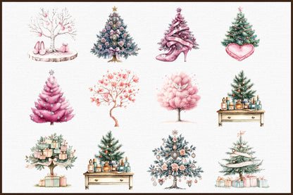 Coquette Glitter Christmas Tree Clipart PNG Bundle Commercial Use