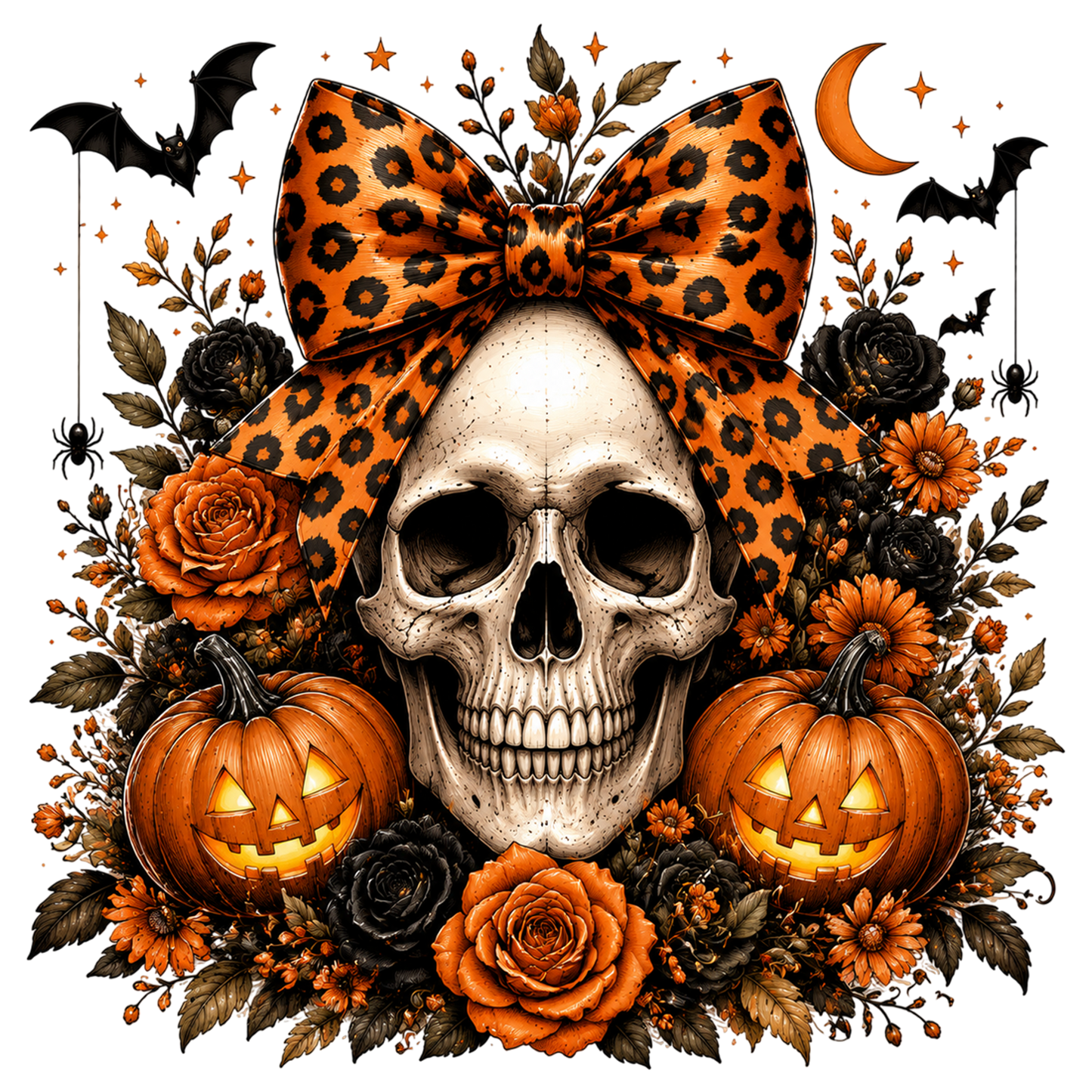 Coquette Halloween Skull PNG | Leopard Bow Pumpkin Gothic Floral Halloween Sublimation Design