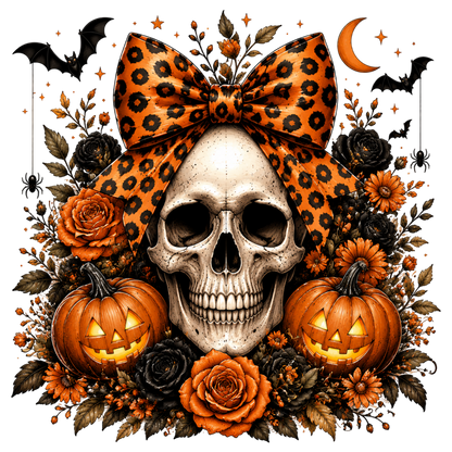 Coquette Halloween Skull PNG | Leopard Bow Pumpkin Gothic Floral Halloween Sublimation Design