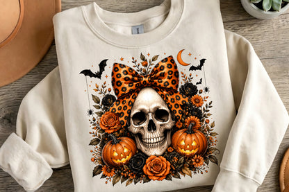 Coquette Halloween Skull PNG | Leopard Bow Pumpkin Gothic Floral Halloween Sublimation Design