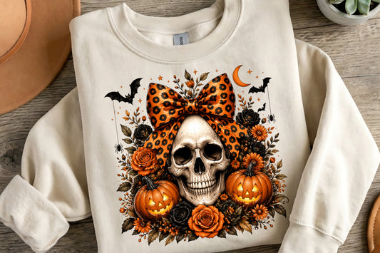 Coquette Halloween Skull PNG | Leopard Bow Pumpkin Gothic Floral Halloween Sublimation Design