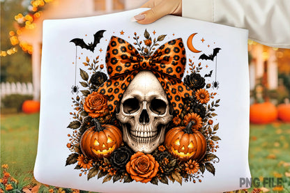 Coquette Halloween Skull PNG | Leopard Bow Pumpkin Gothic Floral Halloween Sublimation Design