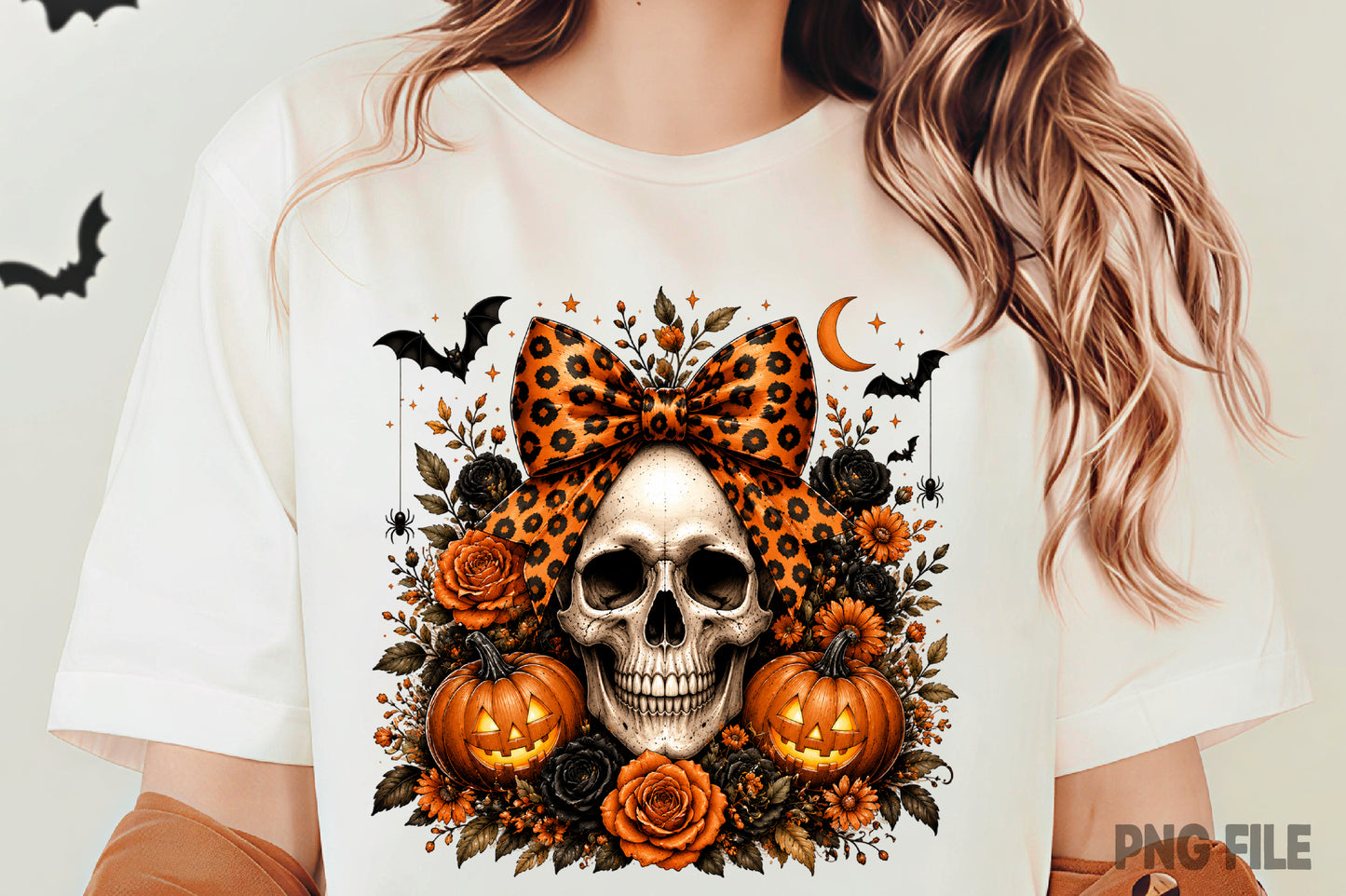 Coquette Halloween Skull PNG | Leopard Bow Pumpkin Gothic Floral Halloween Sublimation Design
