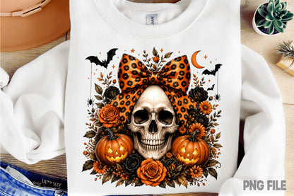 Coquette Halloween Skull PNG | Leopard Bow Pumpkin Gothic Floral Halloween Sublimation Design