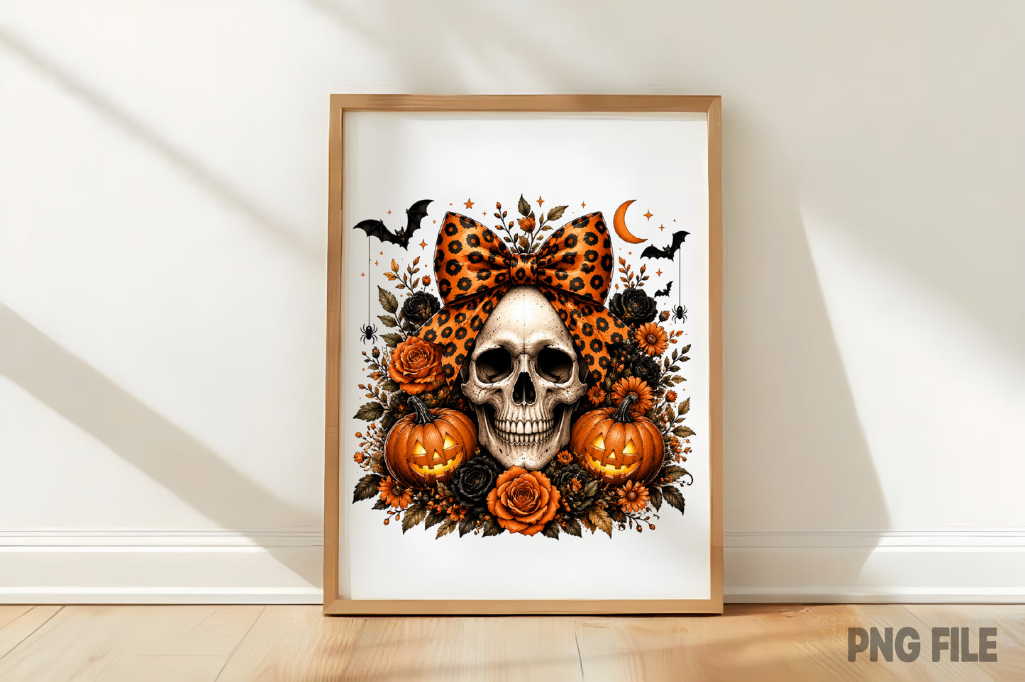Coquette Halloween Skull PNG | Leopard Bow Pumpkin Gothic Floral Halloween Sublimation Design
