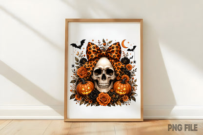Coquette Halloween Skull PNG | Leopard Bow Pumpkin Gothic Floral Halloween Sublimation Design
