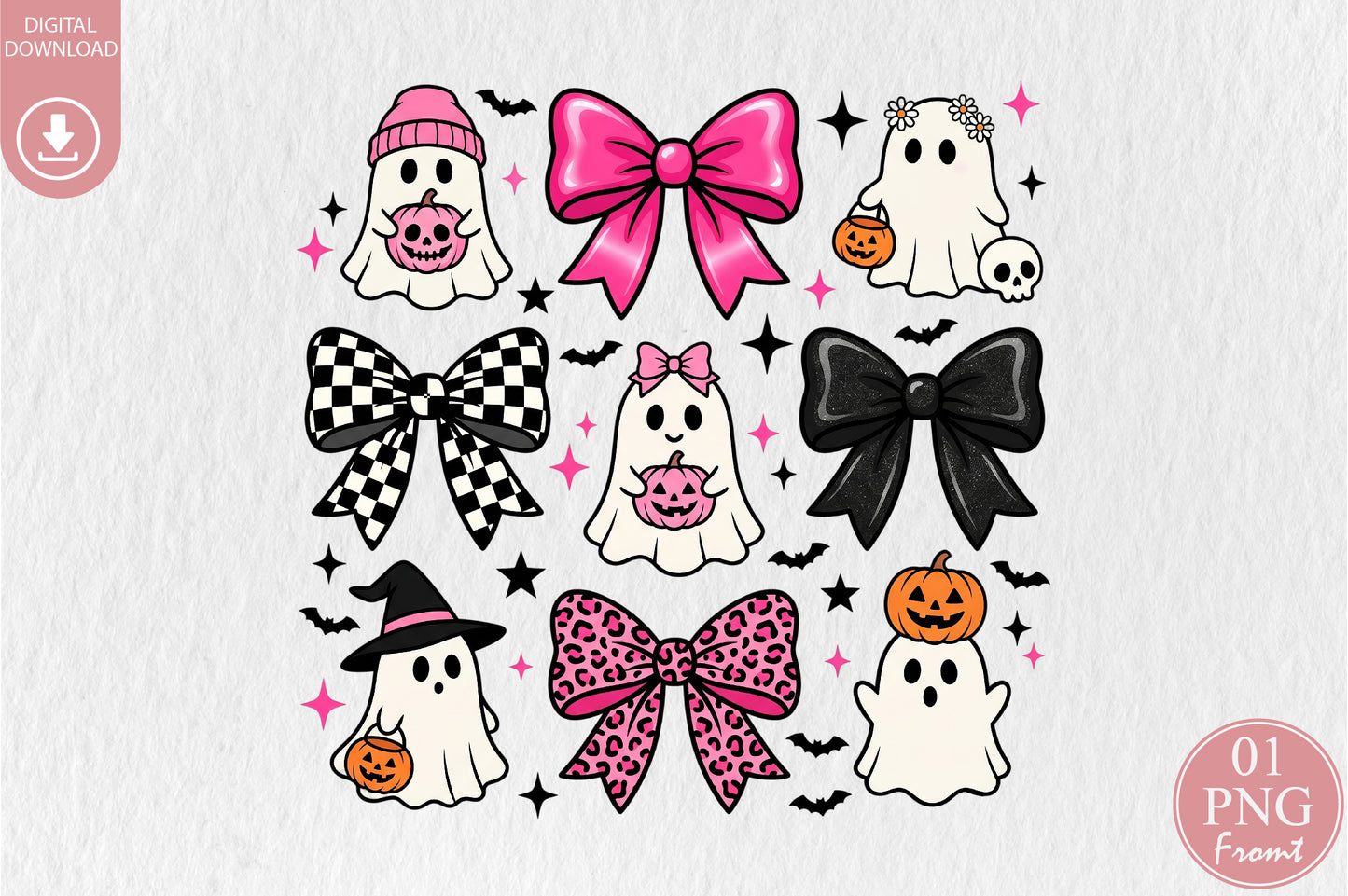 Coquette Halloween Ghost PNG Pink Leopard Bows Cute Spooky Sublimation Design